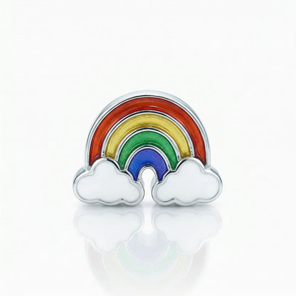 Rainbow charm puka bead with white cloud design on each end, in polished sterling silver. Item No. 45383