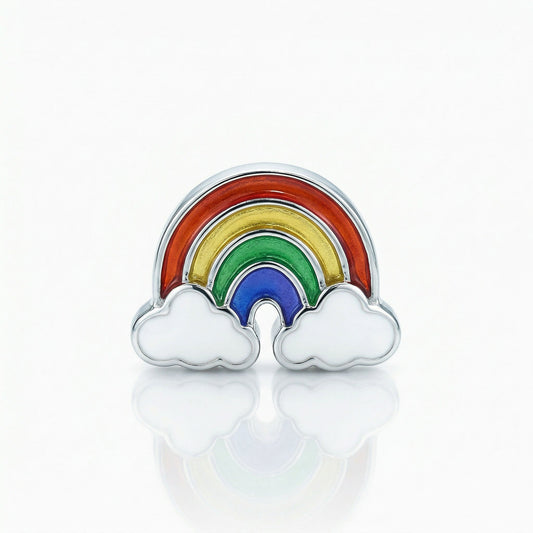 Rainbow charm puka bead with white cloud design on each end, in polished sterling silver. Item No. 45383