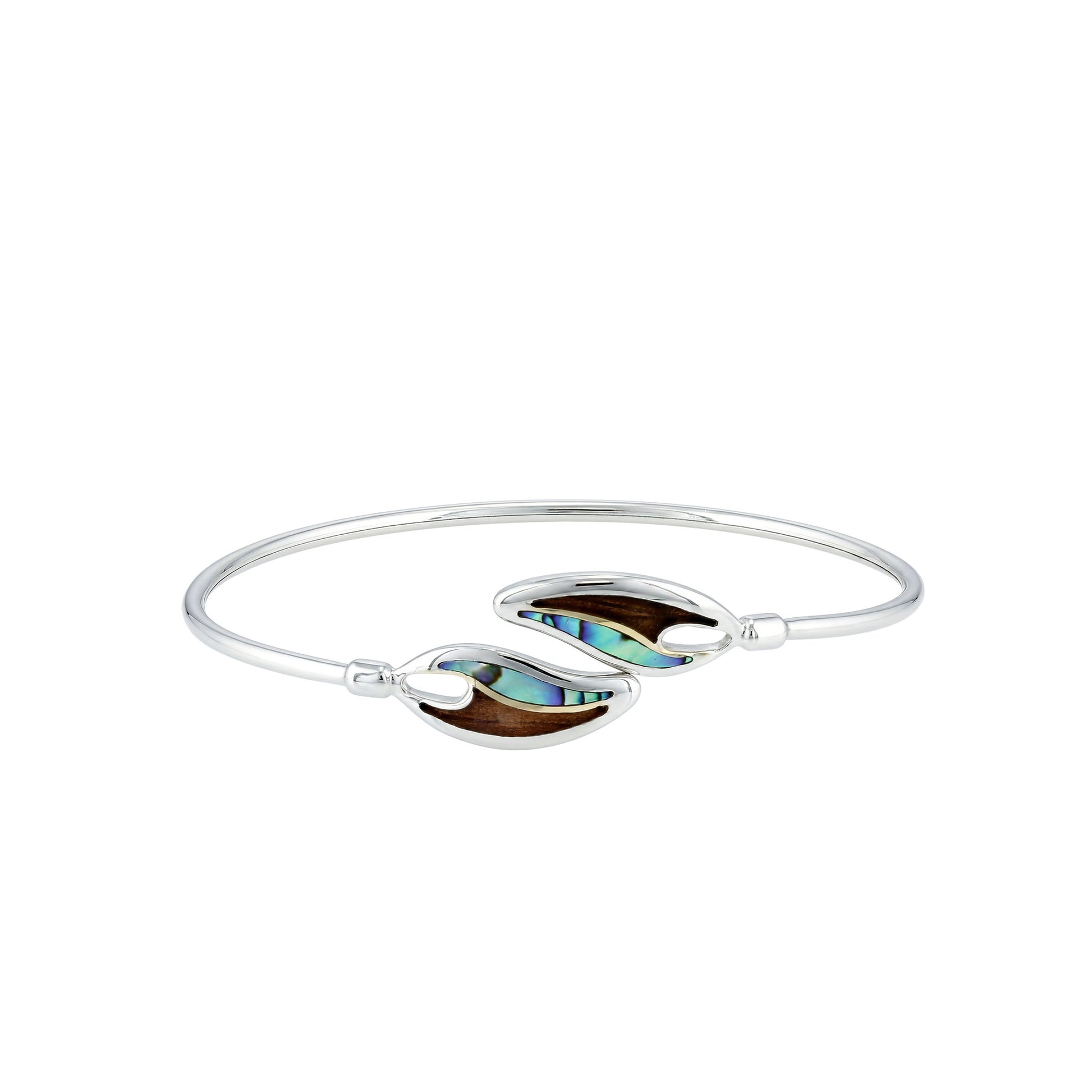 Sterling silver and 18K gold maile leaf bypass bangle with abalone and koa wood inlay. Item No. 45386