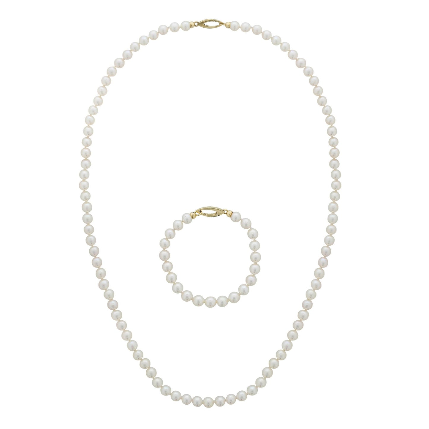 Opera style white akoya pearl necklace with matching bracelet set. Both items have a 14K yellow gold clasp. Item No. 774358
