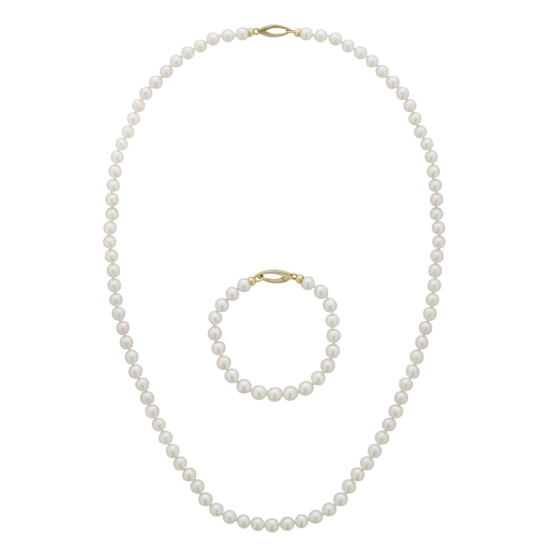 Opera style white akoya pearl necklace with matching bracelet set. Both items have a 14K yellow gold clasp. Item No. 774358