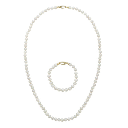 Opera style white akoya pearl necklace with matching bracelet set. Both items have a 14K yellow gold clasp. Item No. 774358