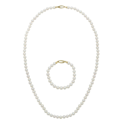 Opera style white akoya pearl necklace with matching bracelet set. Both items have a 14K yellow gold clasp. Item No. 774358