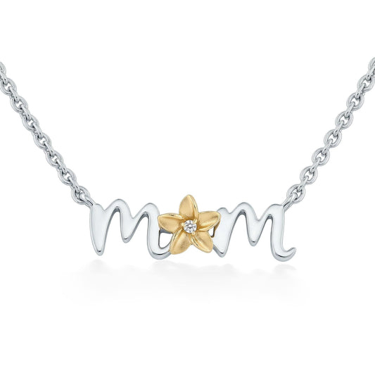Two-tone "mom" necklace with plumeria flower and center diamond accent in 14k yellow gold and silver. Item No. 45403