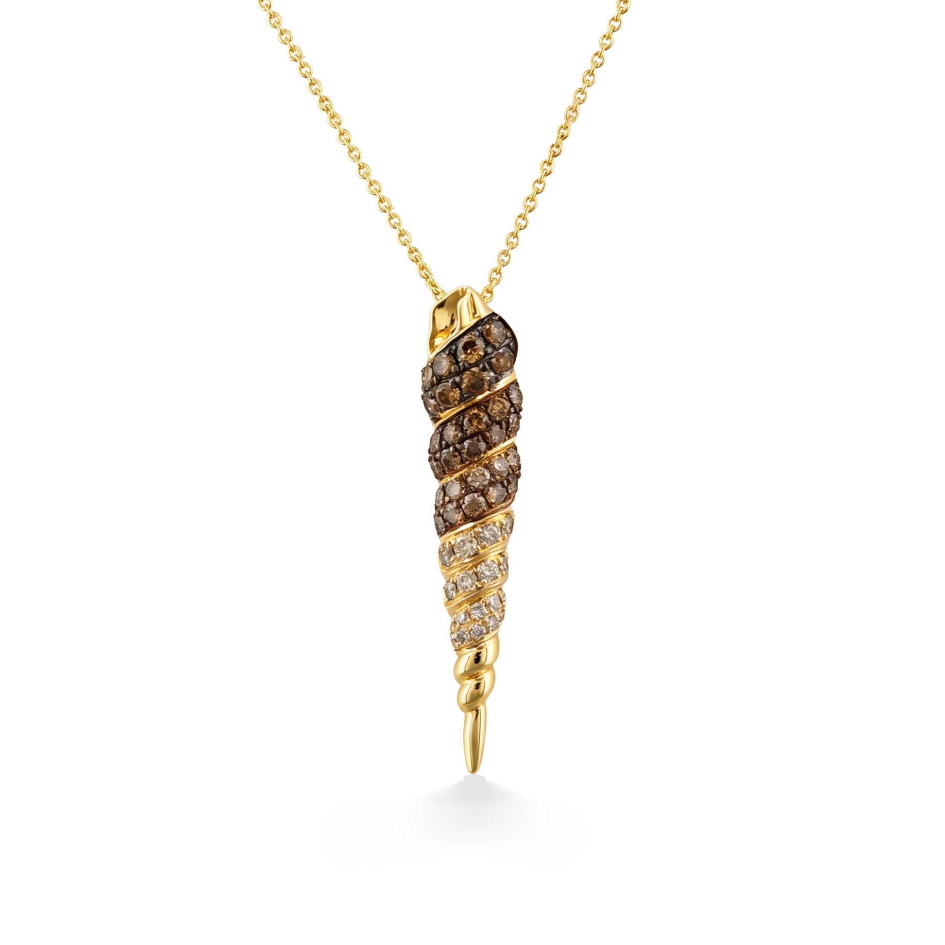 14K yellow gold Le Vian seashell pendant with multi-color diamonds and chain. Item No. 774375