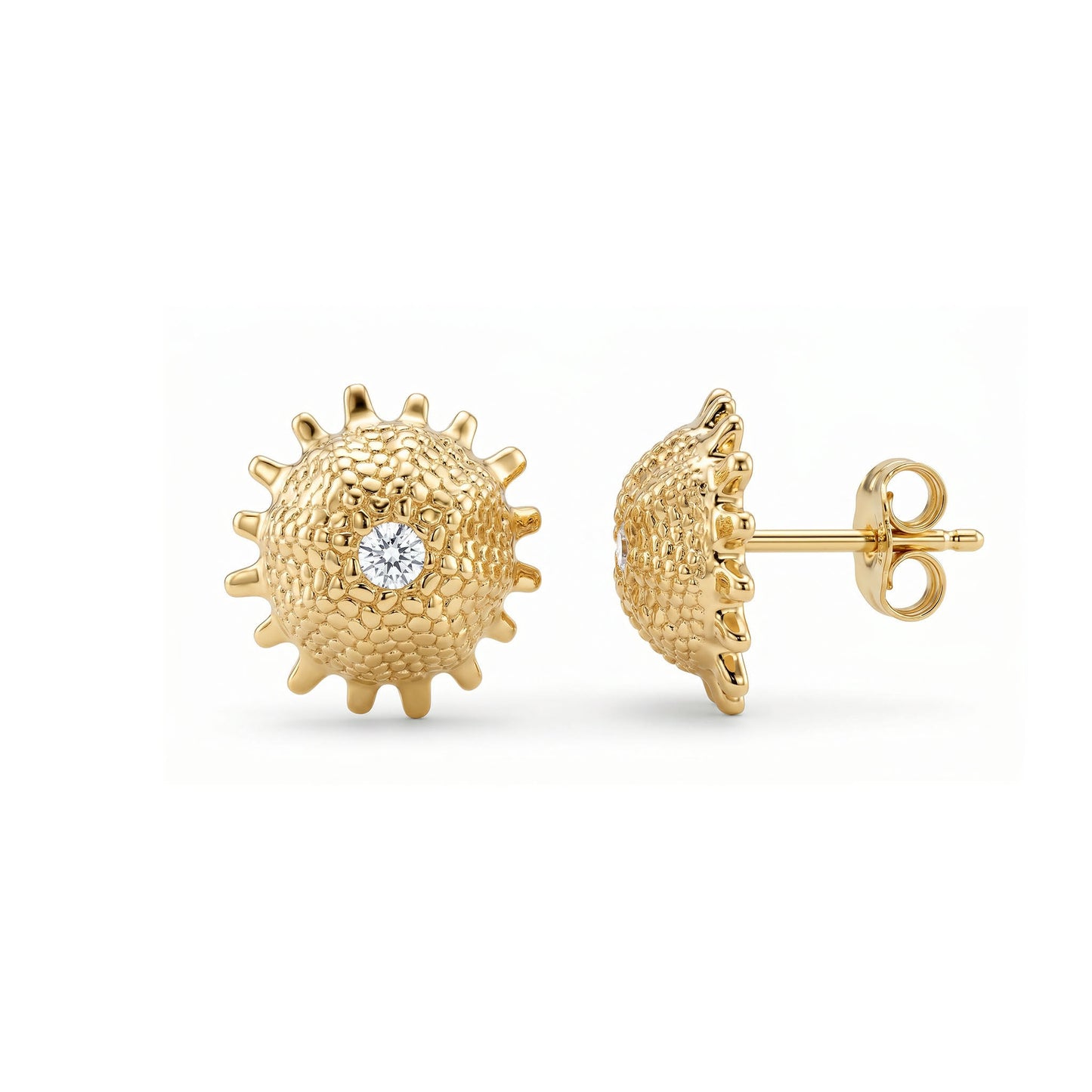 Diamond sea urchin stud earrings in 14K yellow gold, side profile view. Item No. 45405