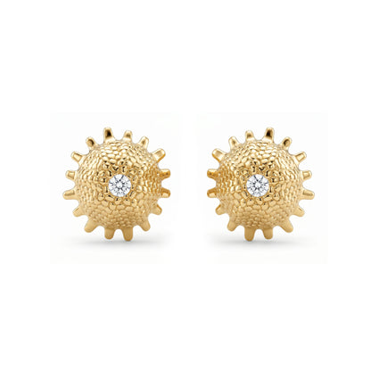 Diamond sea urchin stud earrings in 14K yellow gold, front view. Item No. 45405