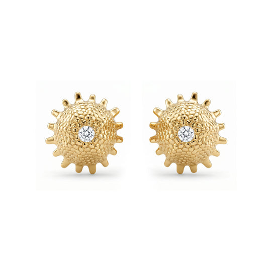 Diamond sea urchin stud earrings in 14K yellow gold, front view. Item No. 45405
