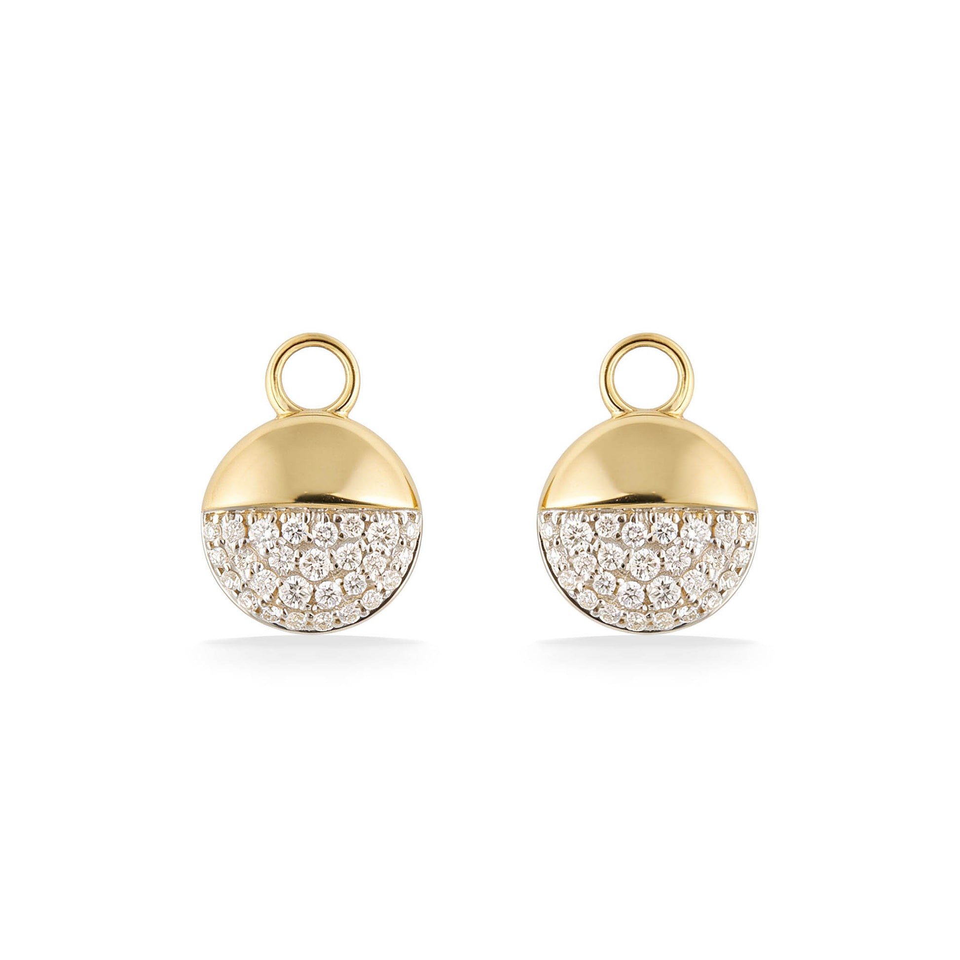 14K yellow gold Round Petite Horizon Earring Charms in with diamonds along the bottom half. Item No. 45407