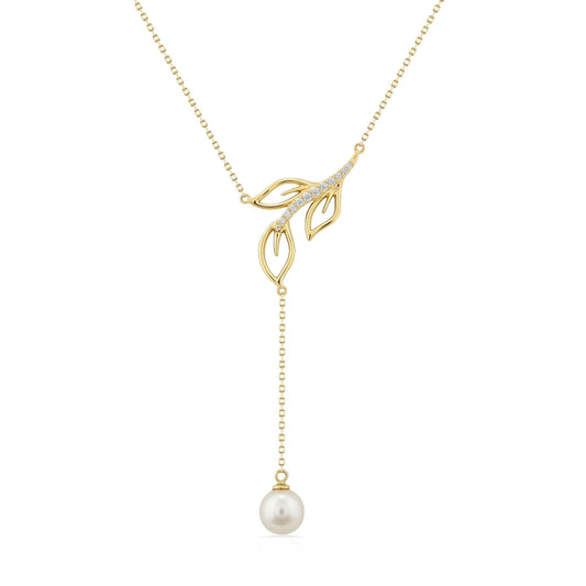 Yellow gold open Maile leaf "Y" necklace lined with diamonds and an Akoya pearl drop. Item No. 45409