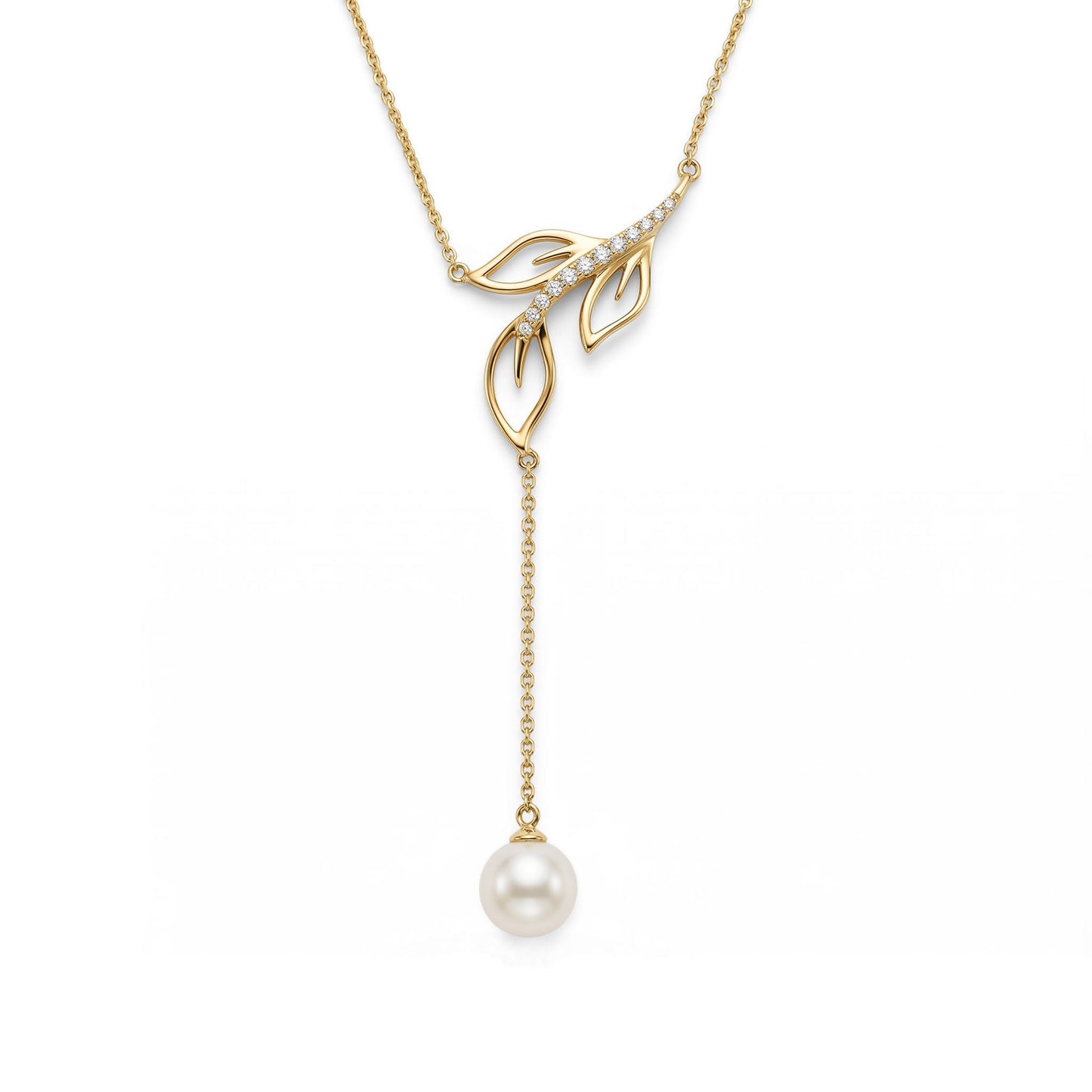 Yellow gold open Maile leaf "Y" necklace lined with diamonds and an Akoya pearl drop. Item No. 45409