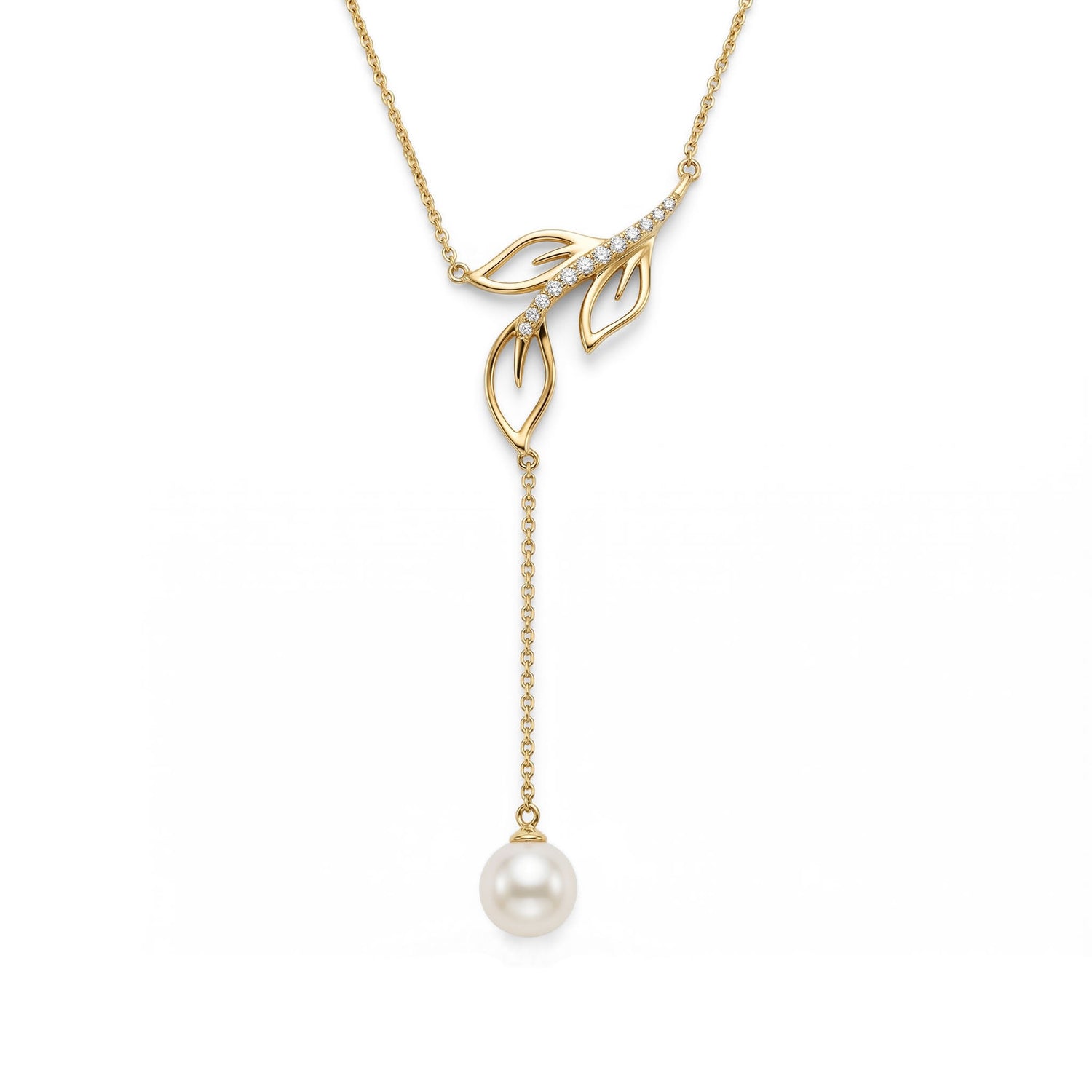 Yellow gold open Maile leaf "Y" necklace lined with diamonds and an Akoya pearl drop. Item No. 45409