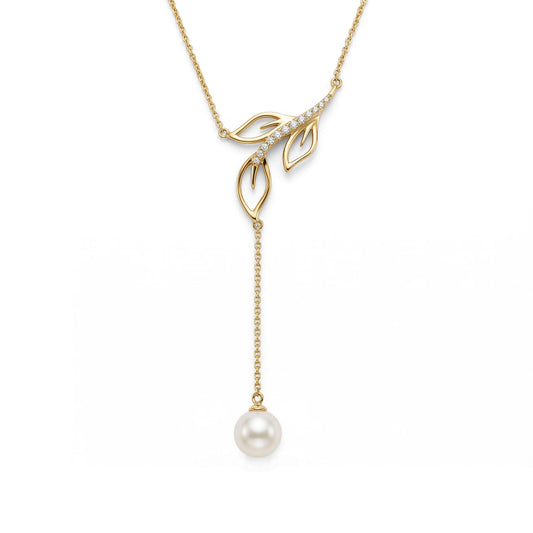 Yellow gold open Maile leaf "Y" necklace lined with diamonds and an Akoya pearl drop. Item No. 45409