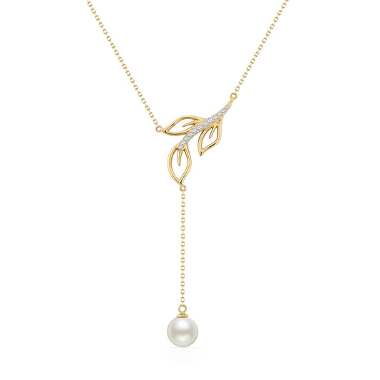Yellow gold open Maile leaf "Y" necklace lined with diamonds and an Akoya pearl drop. Item No. 45409