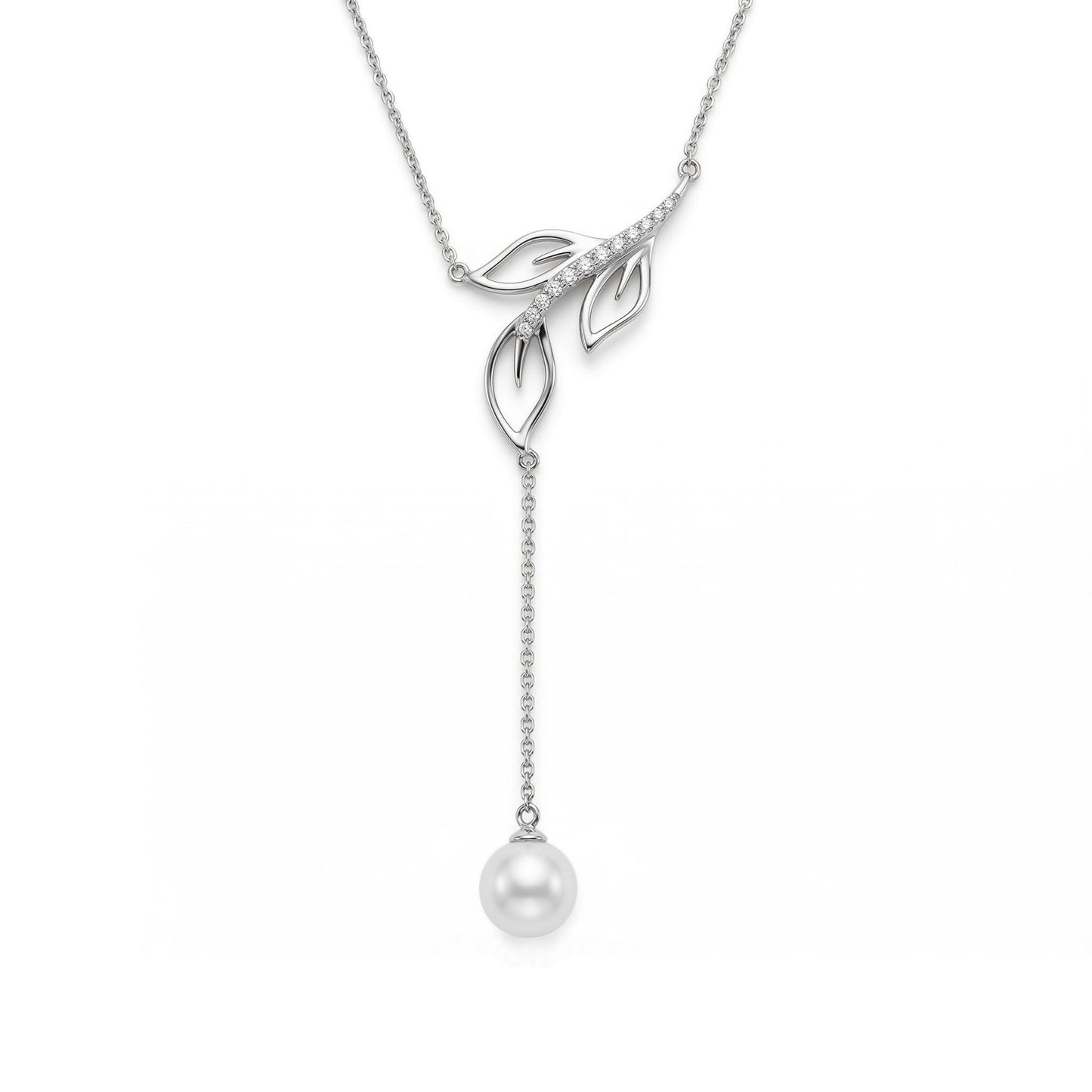White gold open Maile leaf "Y" necklace lined with diamonds and an Akoya pearl drop. Item No. 45410