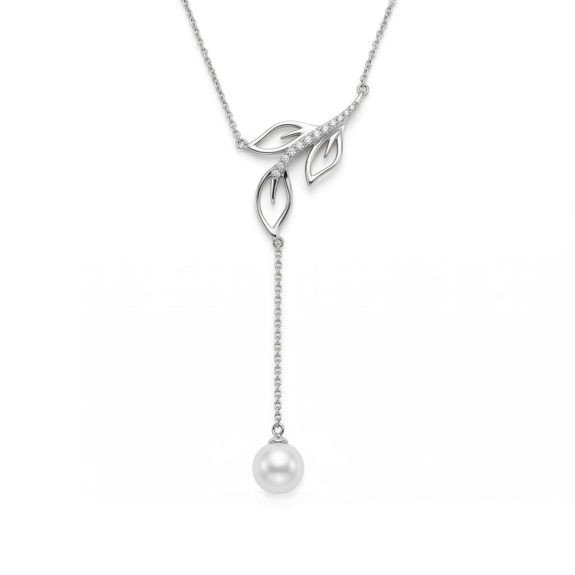 White gold open Maile leaf "Y" necklace lined with diamonds and an Akoya pearl drop. Item No. 45410