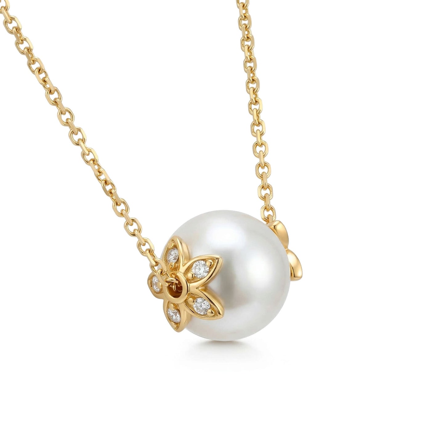 Side view highlighting the 14k yellow gold diamond floral setting detail of the akoya pearl slider necklace. Item No. 45412