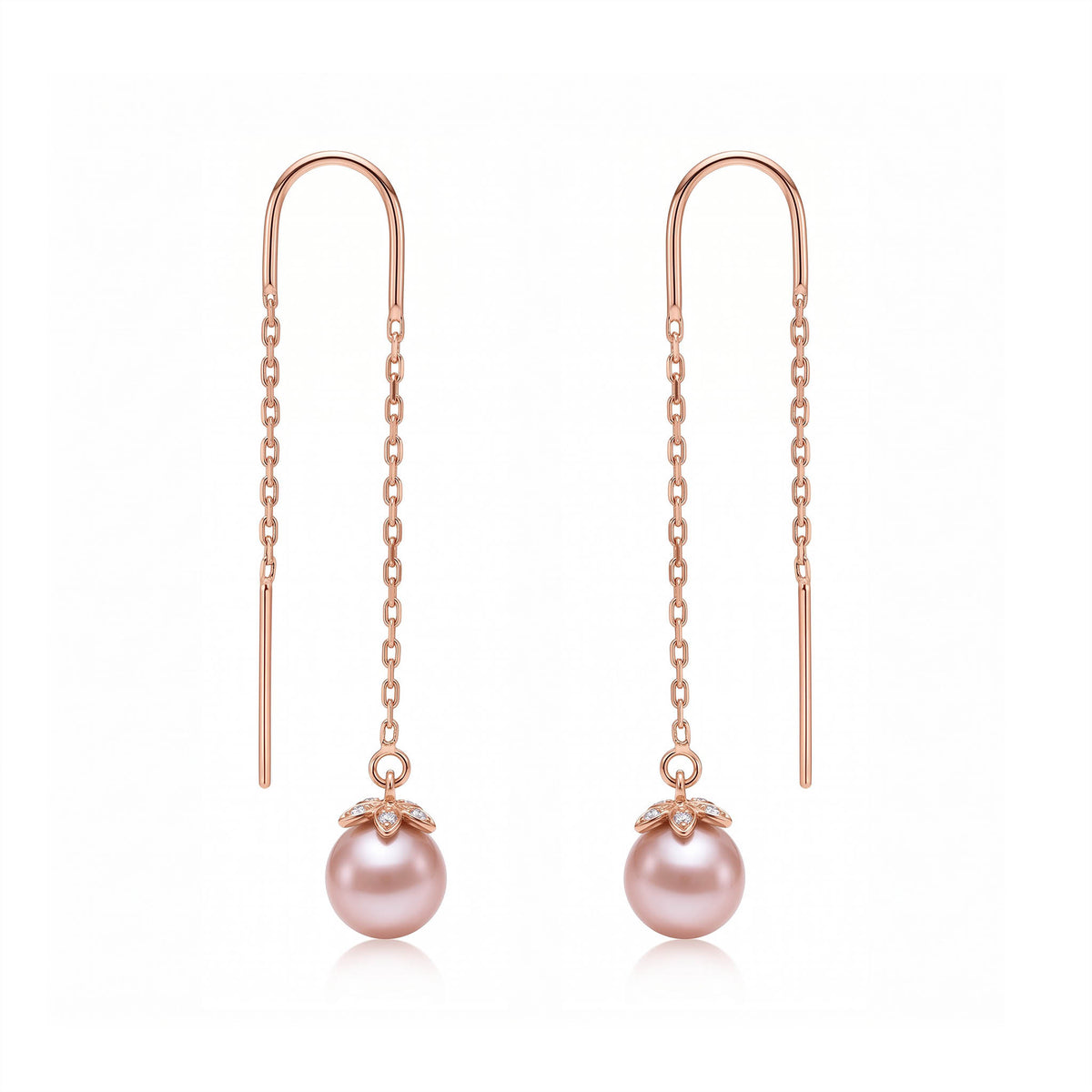 14k Rose gold threader earrings with pink freshwater pearl and diamond set flower end caps. Item No. 45425