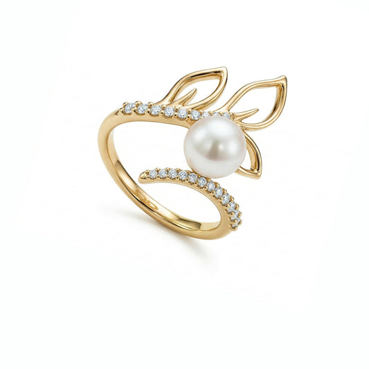 Gold open maile leaf-inspired, bypass style ring with a white Akoya pearl and pavé-set diamonds. Item No. 45419