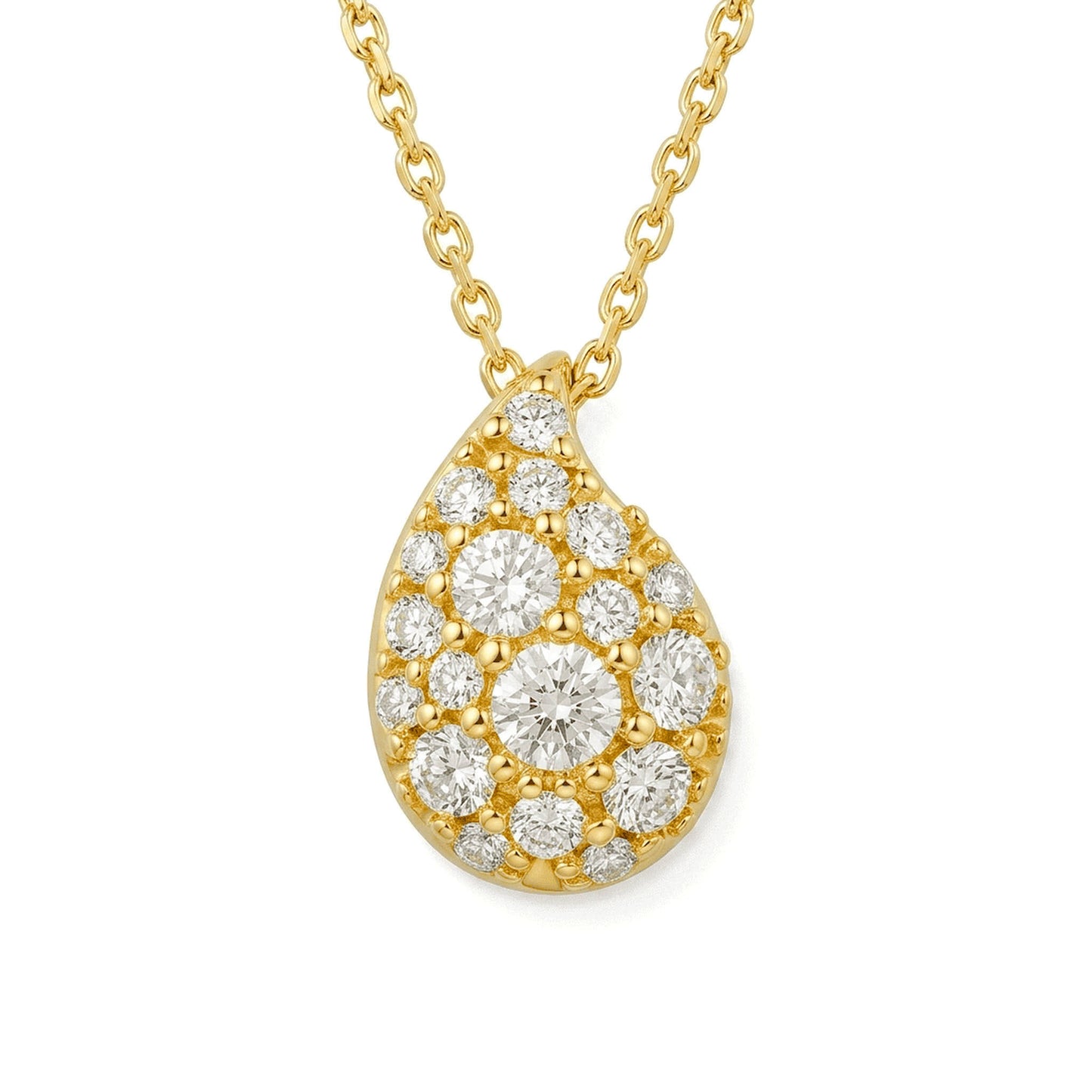 Elegant 14K yellow gold Paka Ua diamond raindrop pendant on fine adjustable 17-inch chain. Item No. 45430