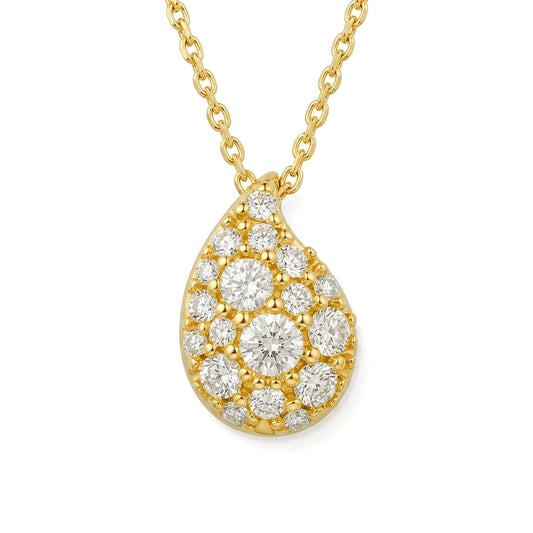 Elegant 14K yellow gold Paka Ua diamond raindrop pendant on fine adjustable 17-inch chain. Item No. 45430