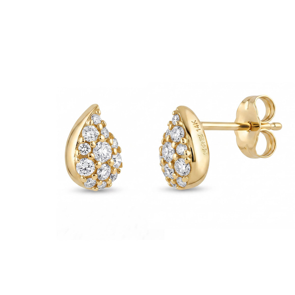 Side view of 14k yellow gold paka ua raindrop shape with  diamond set in stud earrings. Item No. 45432