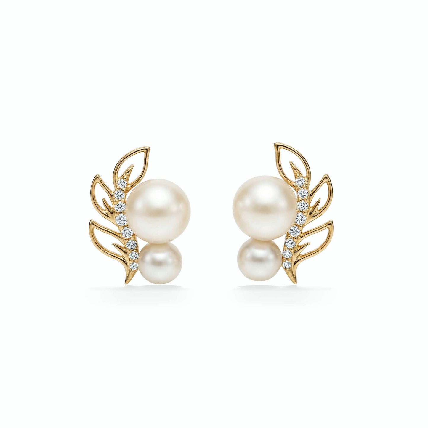 Hawaiian open maile design earrings in 14k yellow gold with white Akoya pearls and diamonds. Item No. 45434