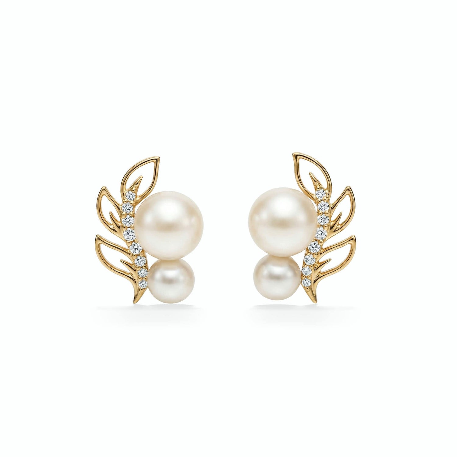 Hawaiian open maile design earrings in 14k yellow gold with white Akoya pearls and diamonds. Item No. 45434