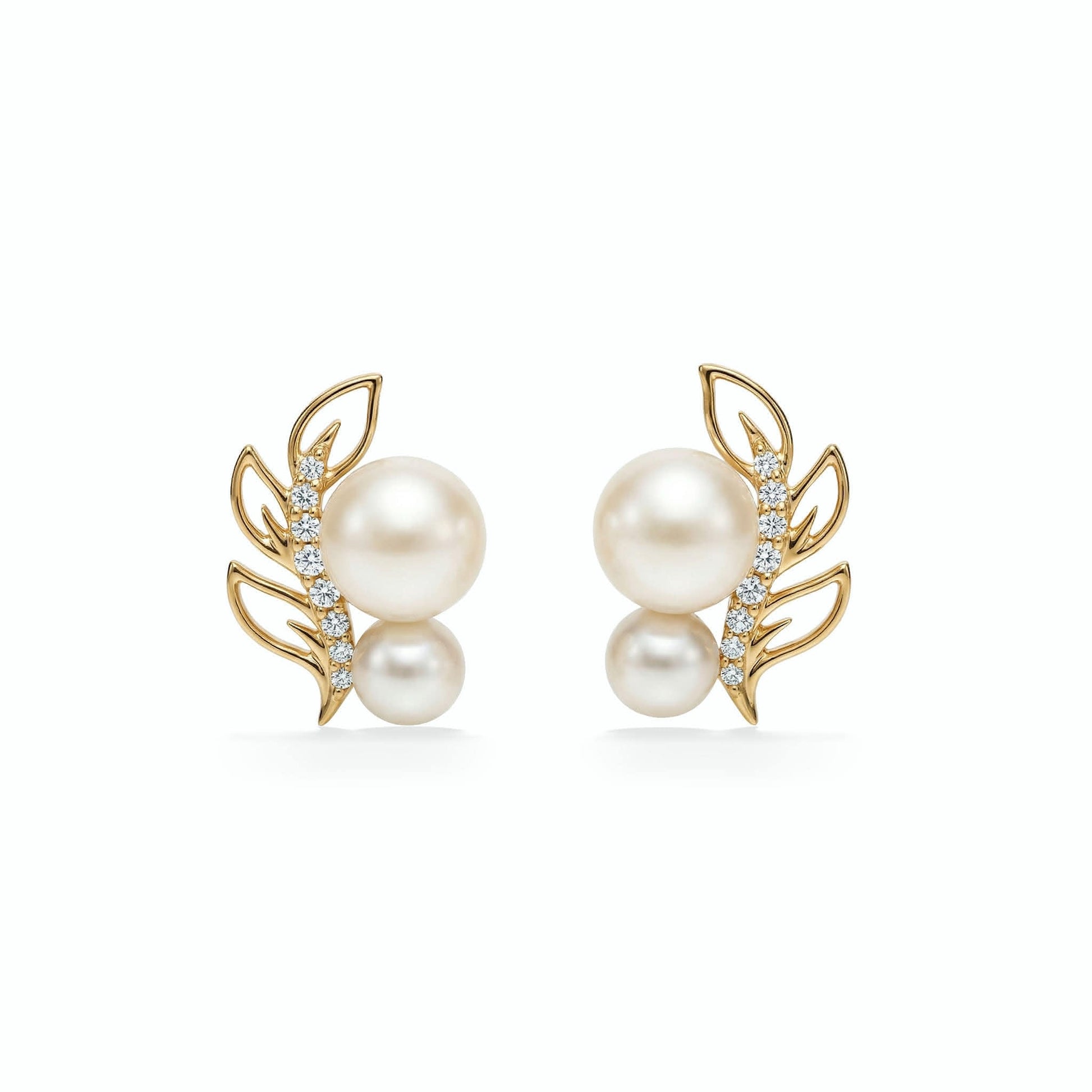 Hawaiian open maile design earrings in 14k yellow gold with white Akoya pearls and diamonds. Item No. 45434