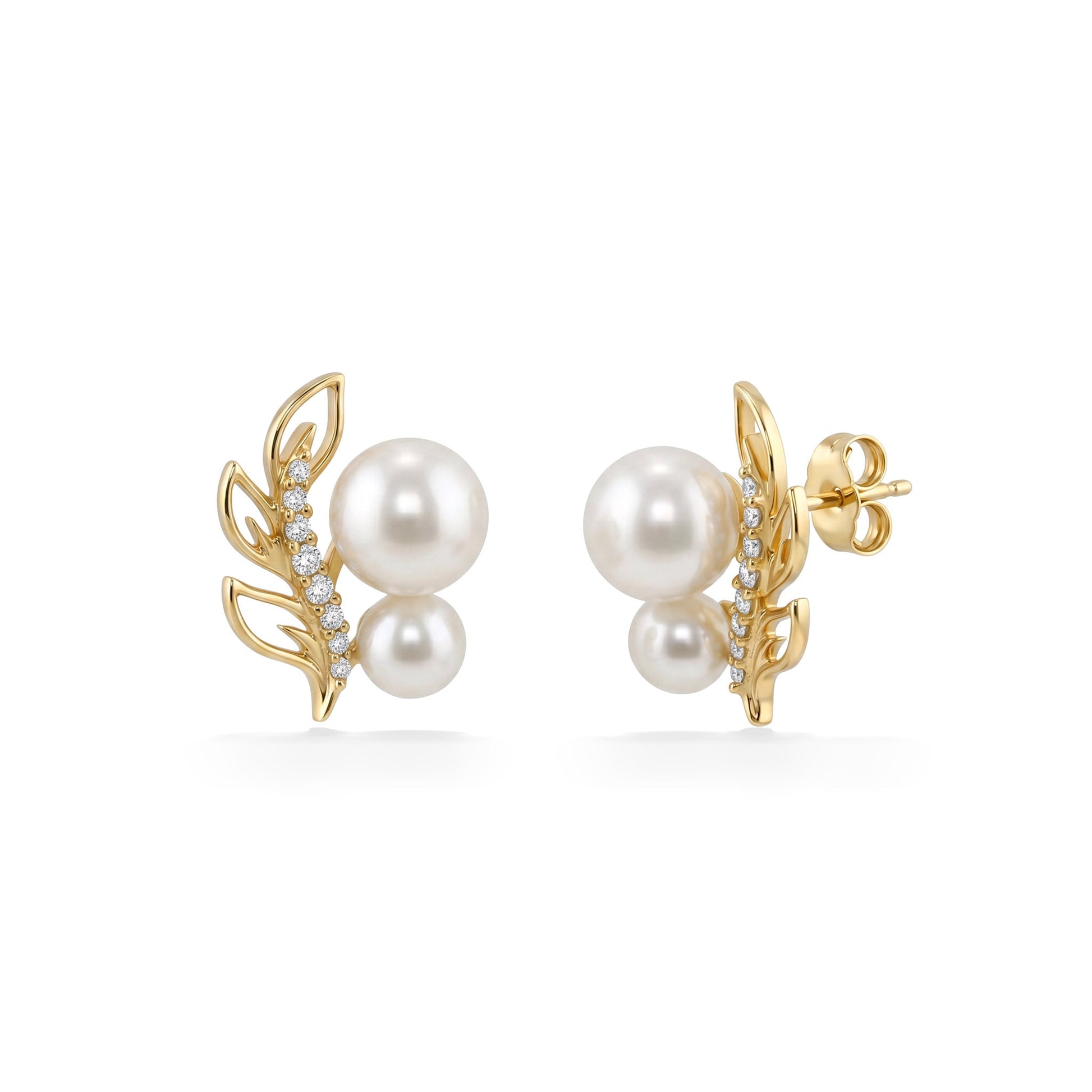 Side view of 14k yellow gold open maile leaf stud earrings with white Akoya pearls and diamonds. Item No. 45434