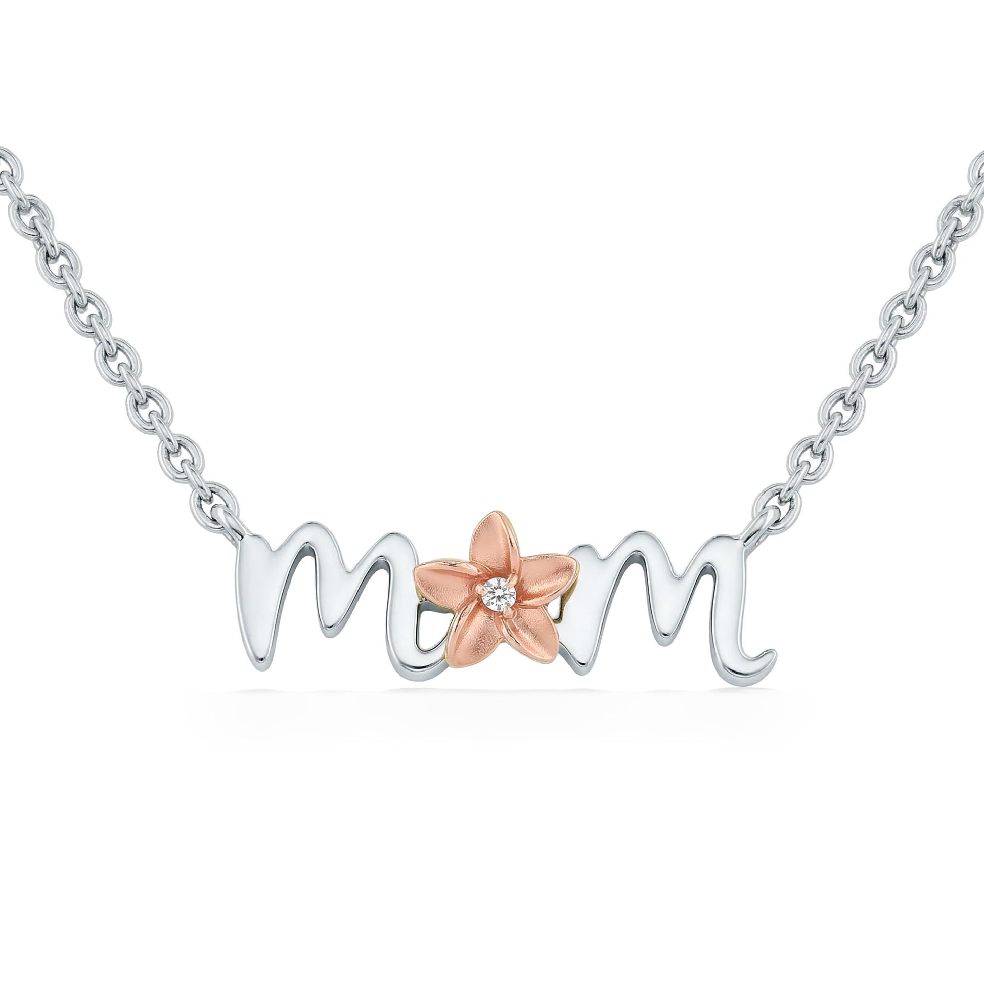 Silver script “Mom” pendant with rose gold plumeria flower and sparkling diamond detail. Item No. 45439