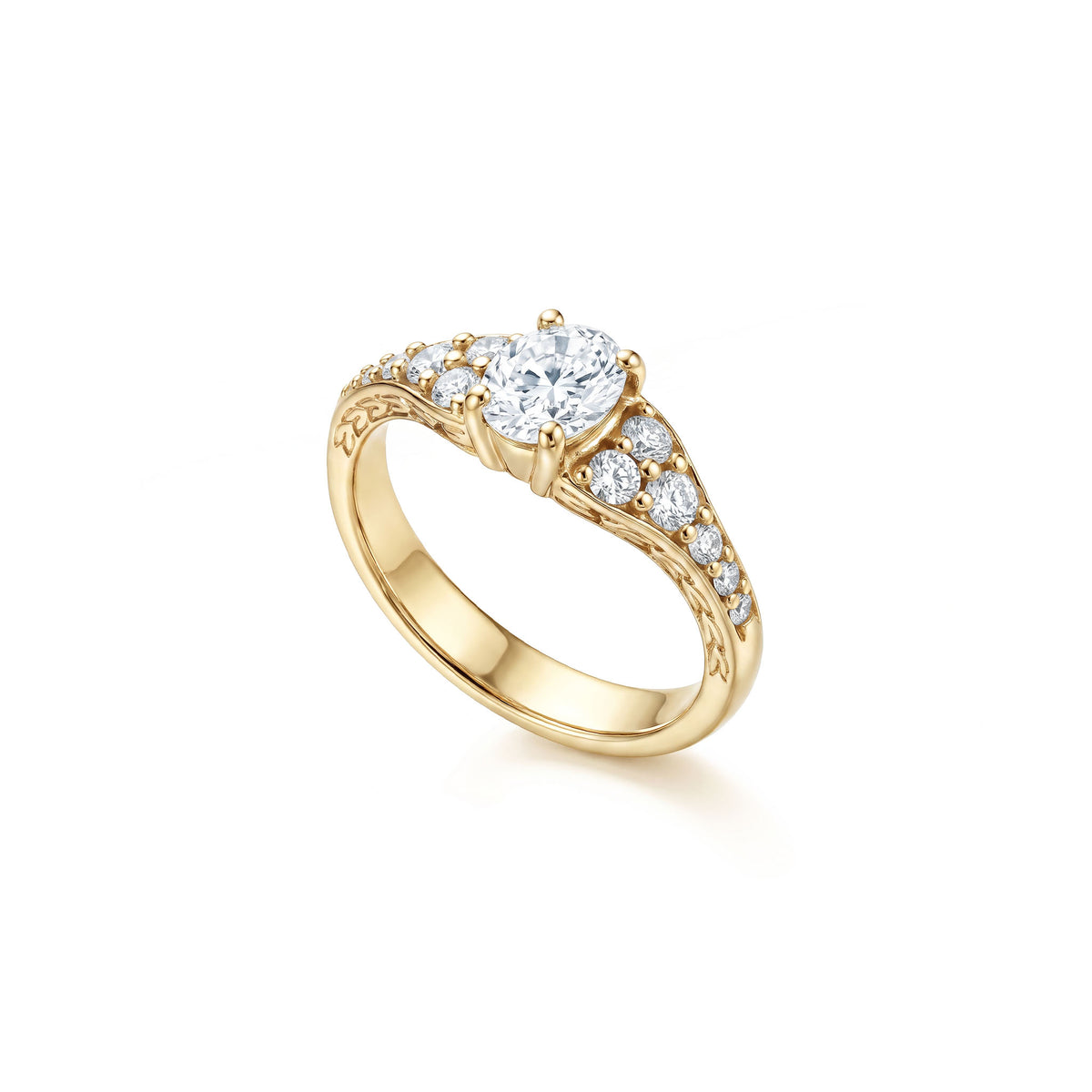 14K solid yellow gold oval solitaire ring with a 3/4 carat oval diamond center and graduated diamond-set shoulders. Item No. 45441