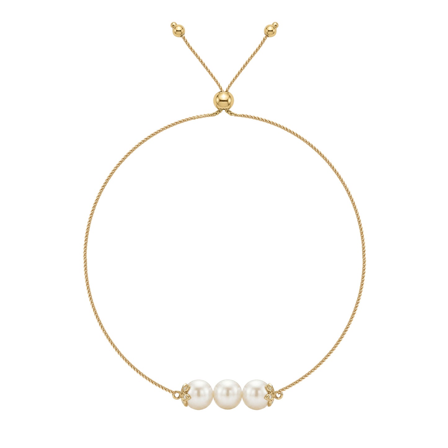 14K yellow gold flower bolo bracelet with three white Akoya pearls and diamond accents. Item No. 45446