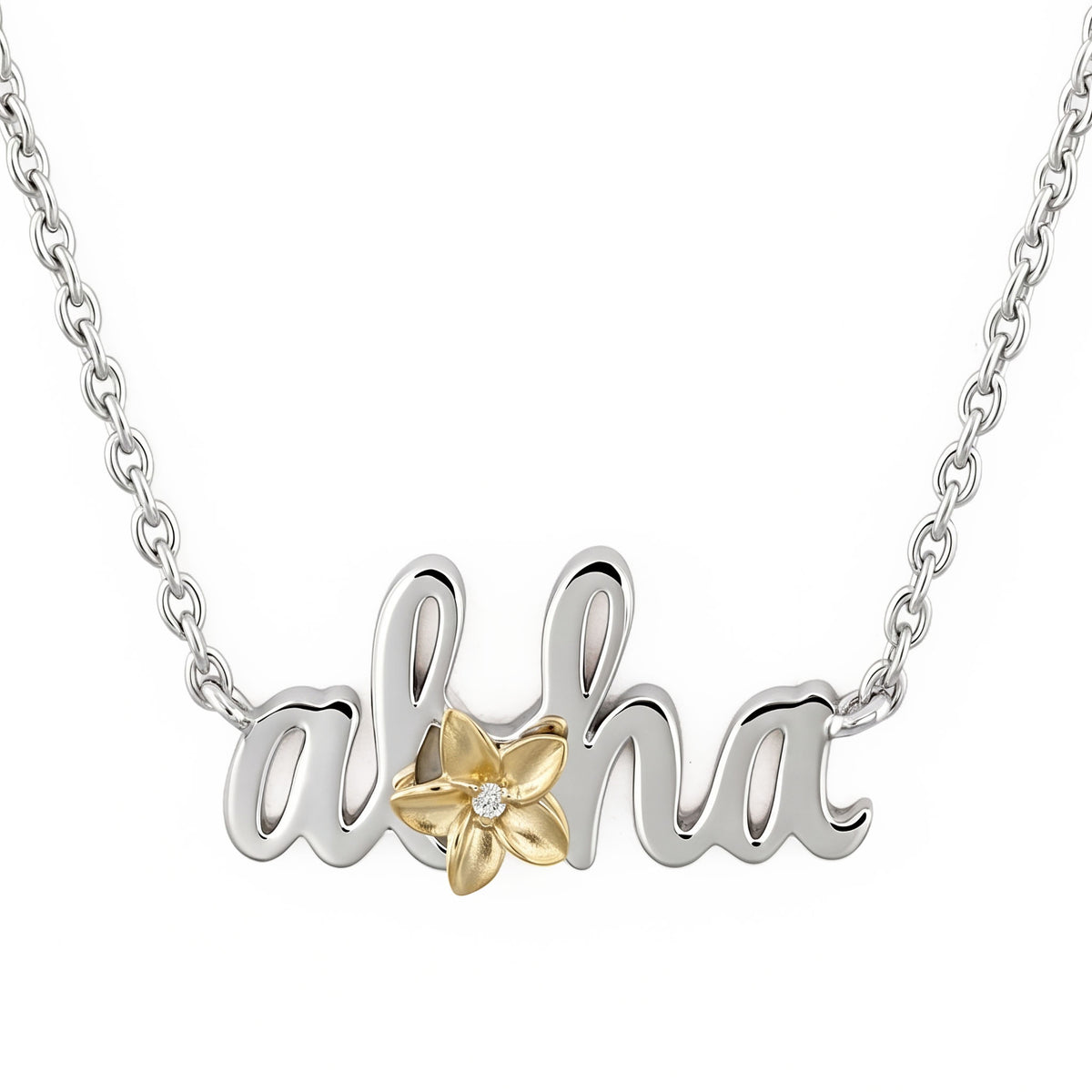 Sterling silver and 14K gold Aloha plumeria adjustable necklace with diamond accent. Item No. 45455