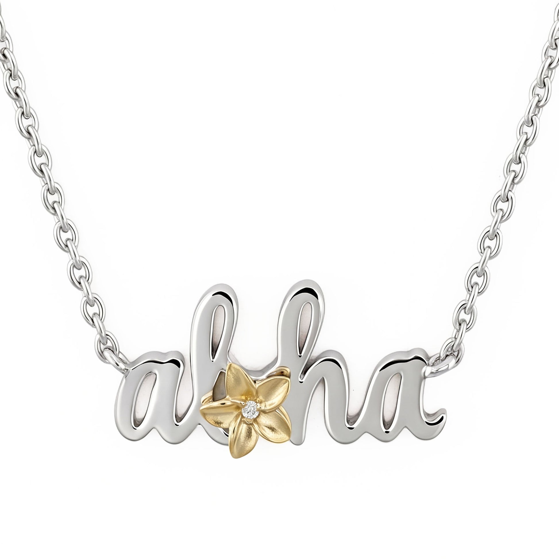 Sterling silver and 14K gold Aloha plumeria adjustable necklace with diamond accent. Item No. 45455