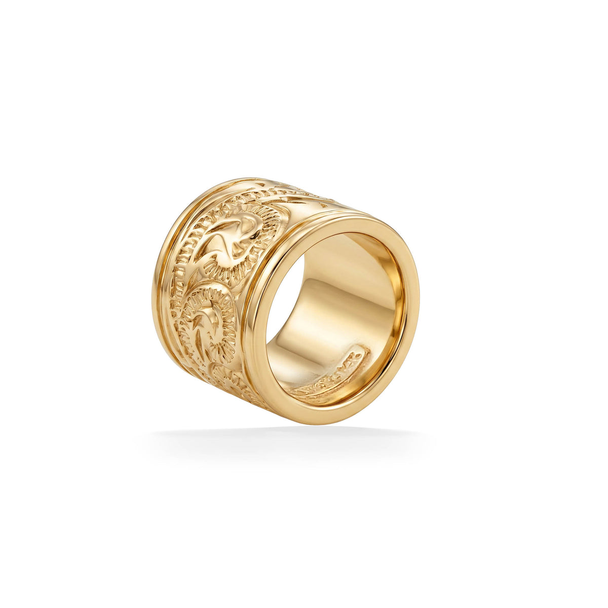 14K yellow gold flat Puka pendant, approximately 8mm wide, featuring an intricate scroll design. Item No. 45458