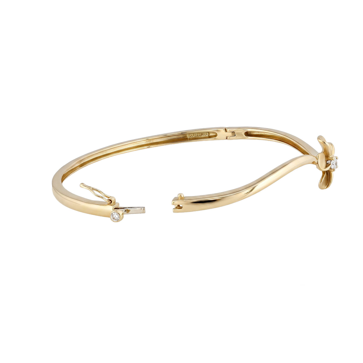 Opened hinge 14k yellow gold bangle, side view plumeria flower. Item No. 45461