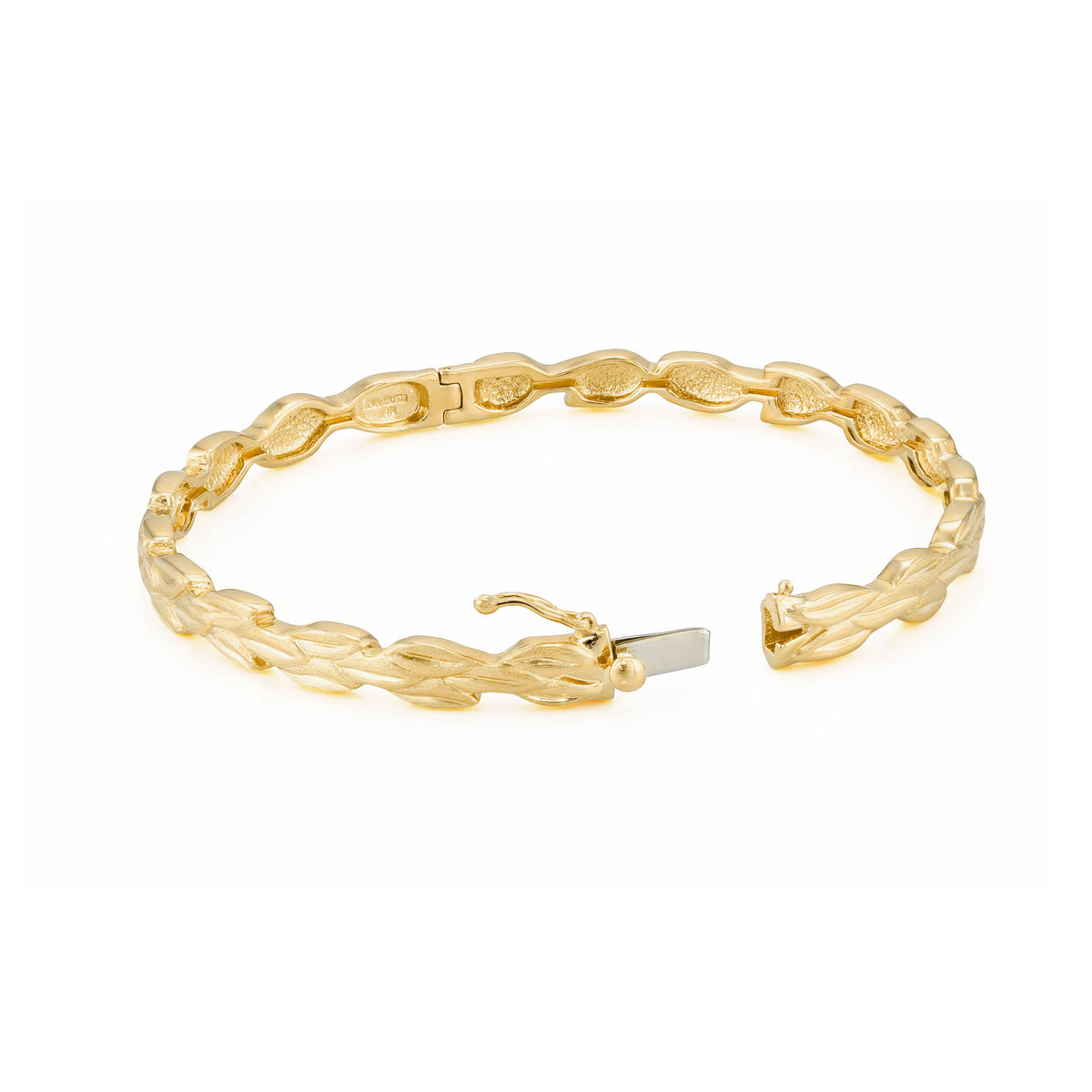 14K yellow gold opened hinged bangle of maile leafs. Item No. 45464