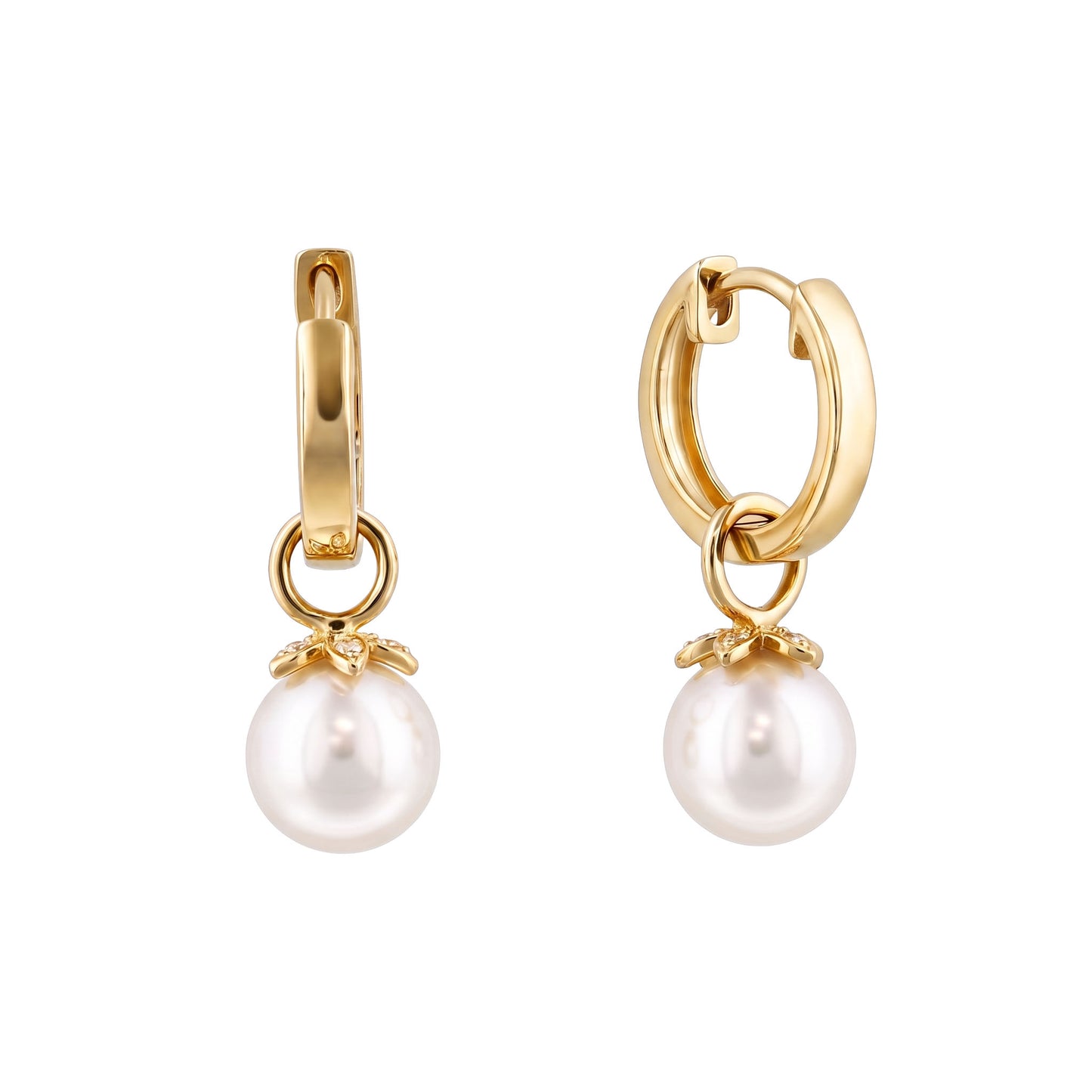 14K gold flower earring charm showing the hoop, diamond-adorned flower cap, and 7mm white Akoya pearl. Item No. 45473