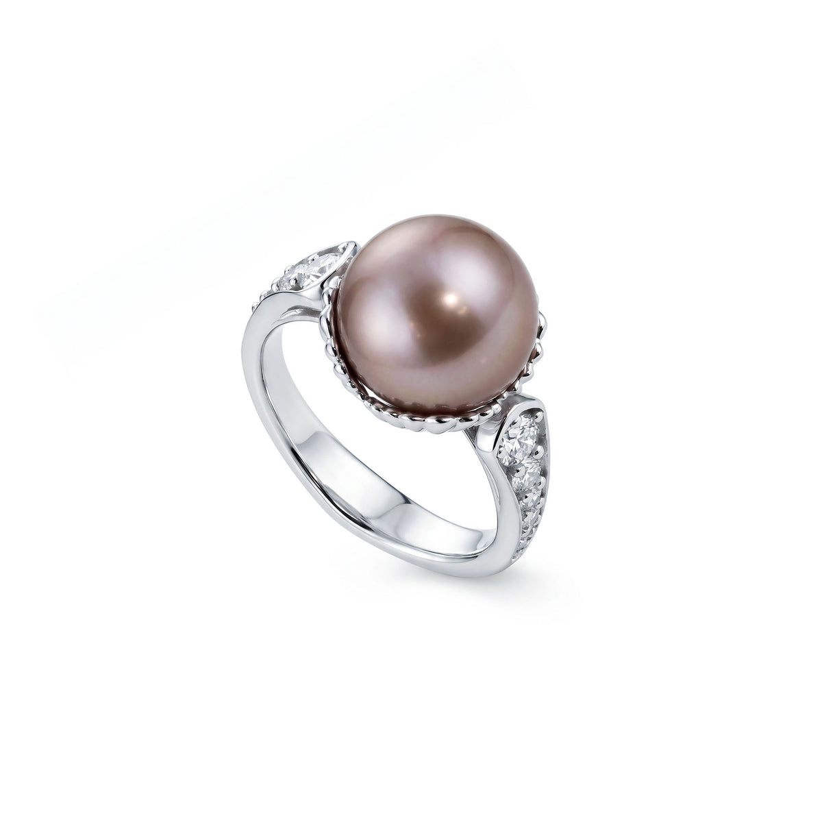 Pink to purple freshwater pearl shell ring with 0.49ctw diamonds set along the sides of the 14K white gold shank. Item No. 45160