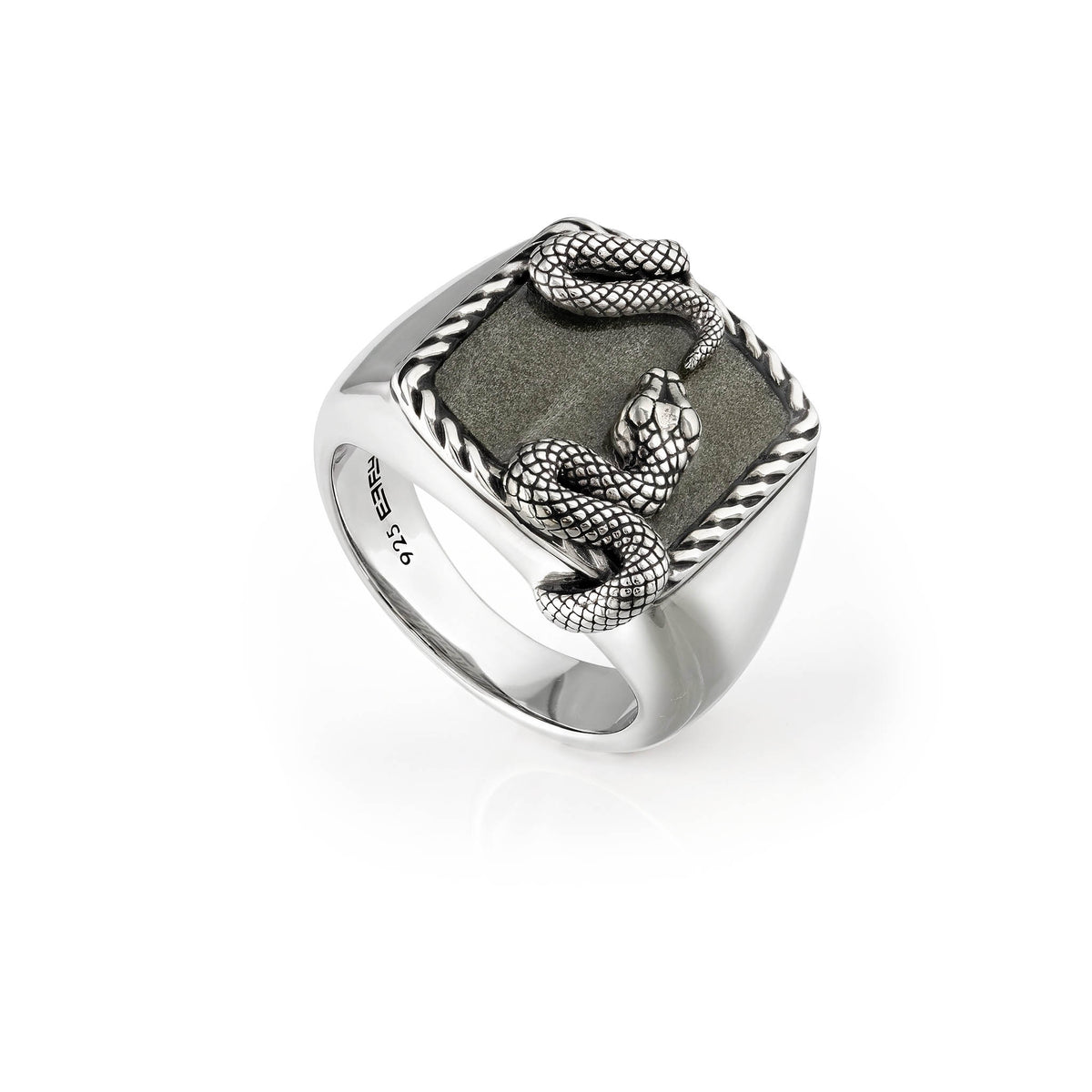 Sterling silver signet ring with obsidian bezel and a sterling silver snake on top. Item No. 774477 
