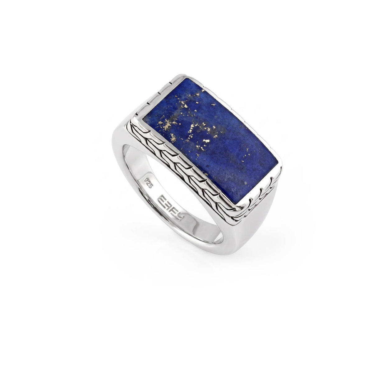 Sterling silver signet ring with lapis bezel and tribal sidewall detailing. Item No. 774481