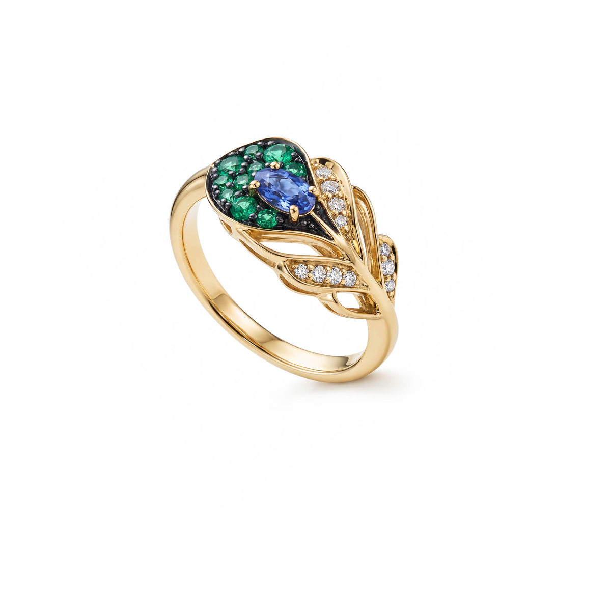 14k Gold, Emerald, diamond and Sapphire peacock feather ring. Item No. 774607