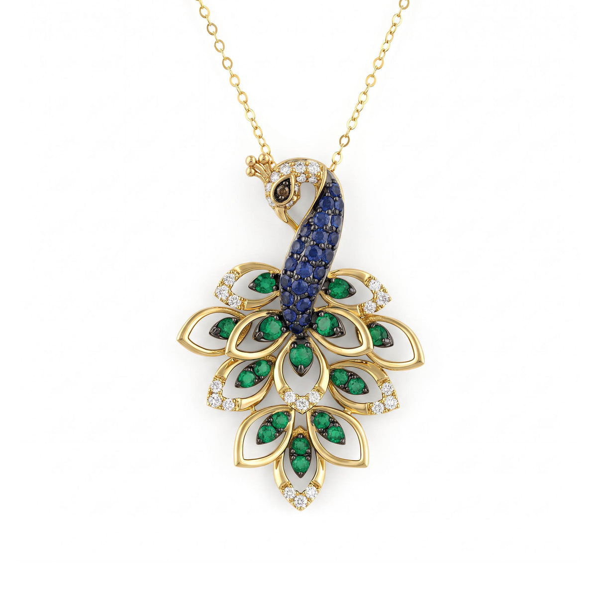 14k yellow gold peacock pendant with sapphire, emerald, diamond gemstones. Item No. 774609