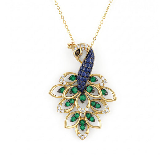 14k yellow gold peacock pendant with sapphire, emerald, diamond gemstones. Item No. 774609