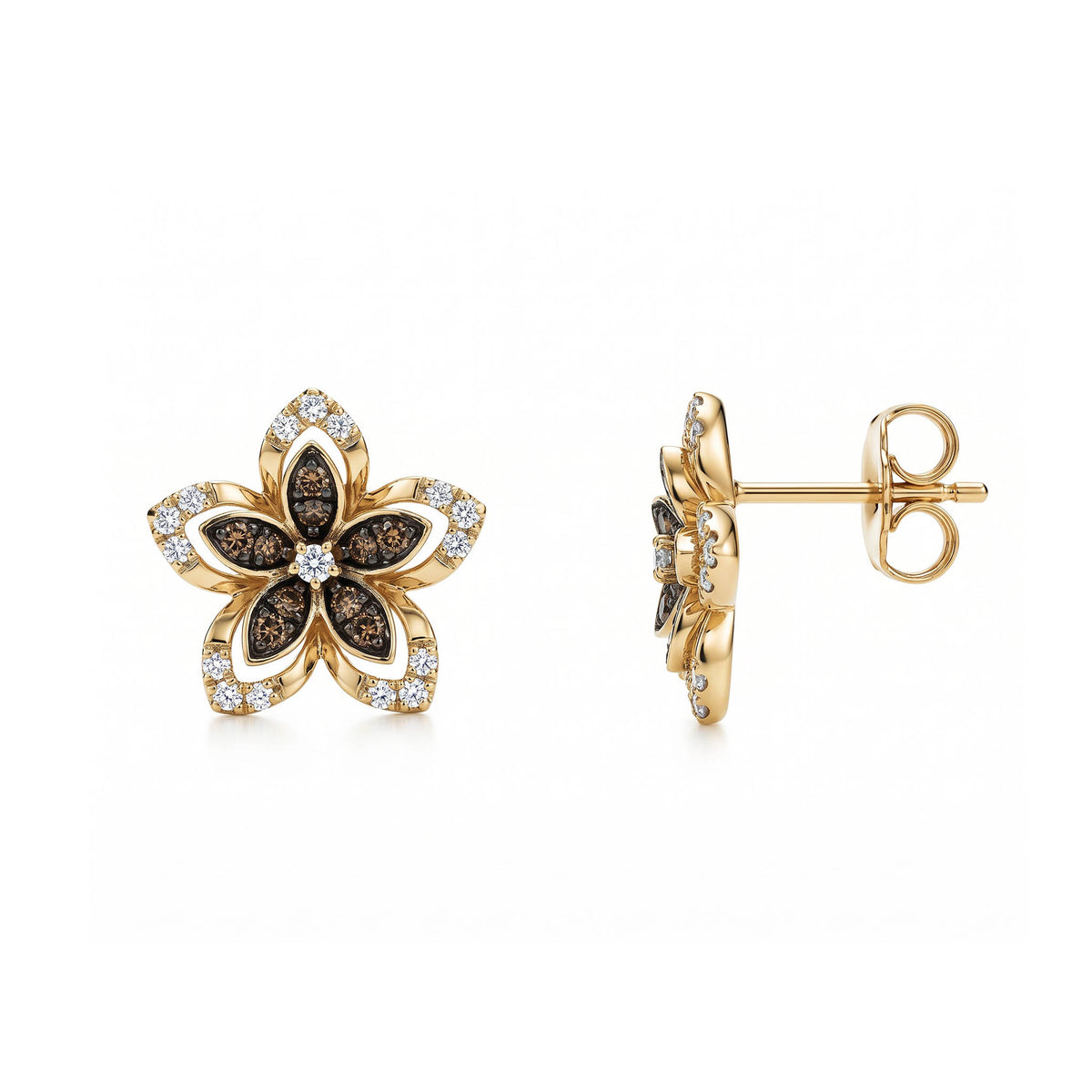 Side view of flower shaped stud earrings with brown and beige diamonds set in yellow gold. Item No. 774610
