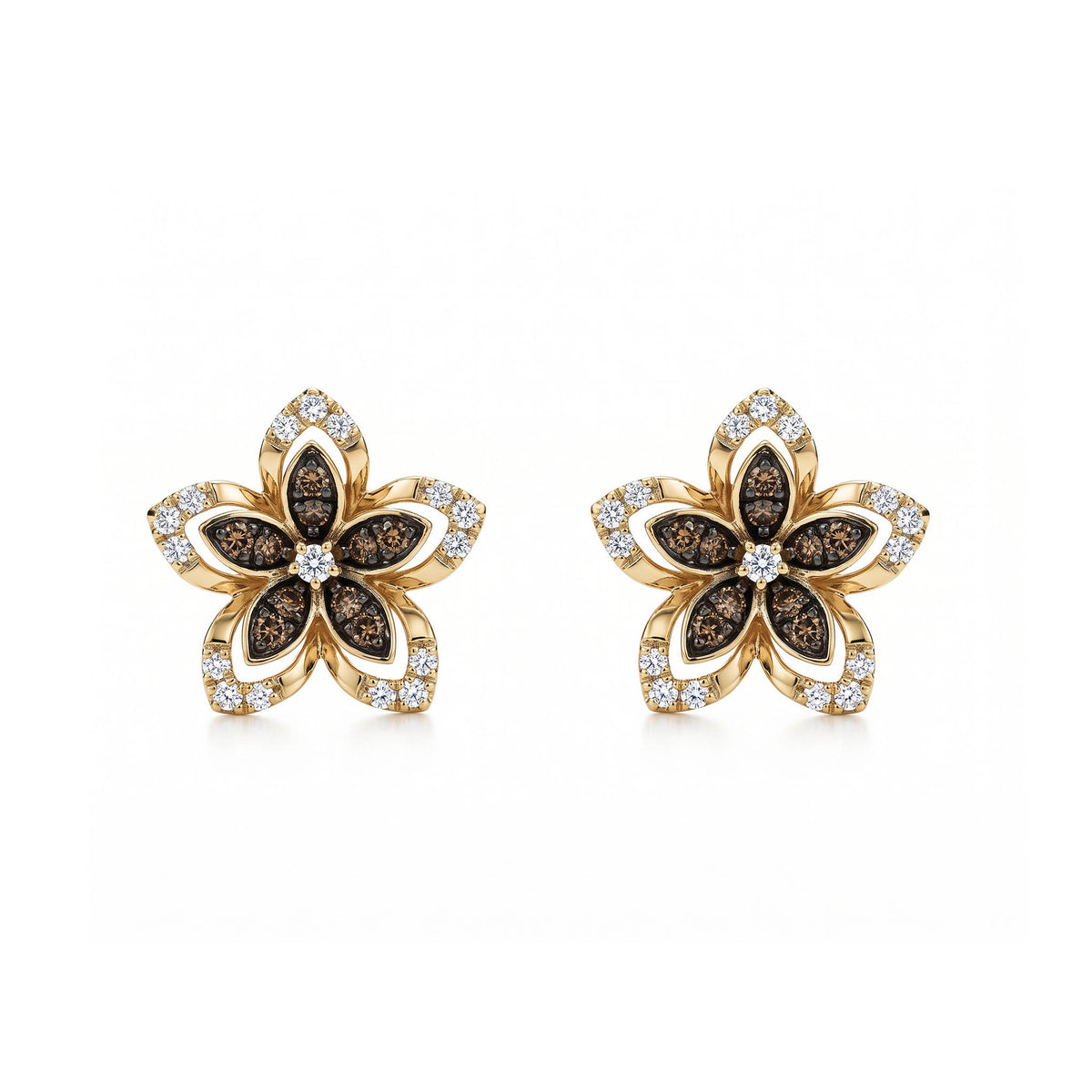 Front view of flower shaped stud earrings with brown and beige diamonds set in yellow gold. Item No. 774610