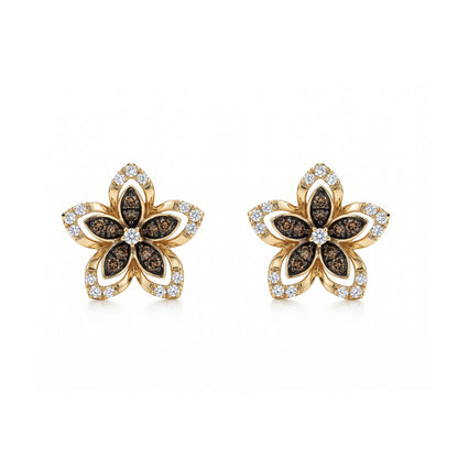 Front view of flower shaped stud earrings with brown and beige diamonds set in yellow gold. Item No. 774610