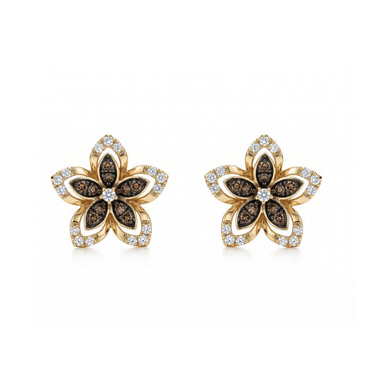 Front view of flower shaped stud earrings with brown and beige diamonds set in yellow gold. Item No. 774610