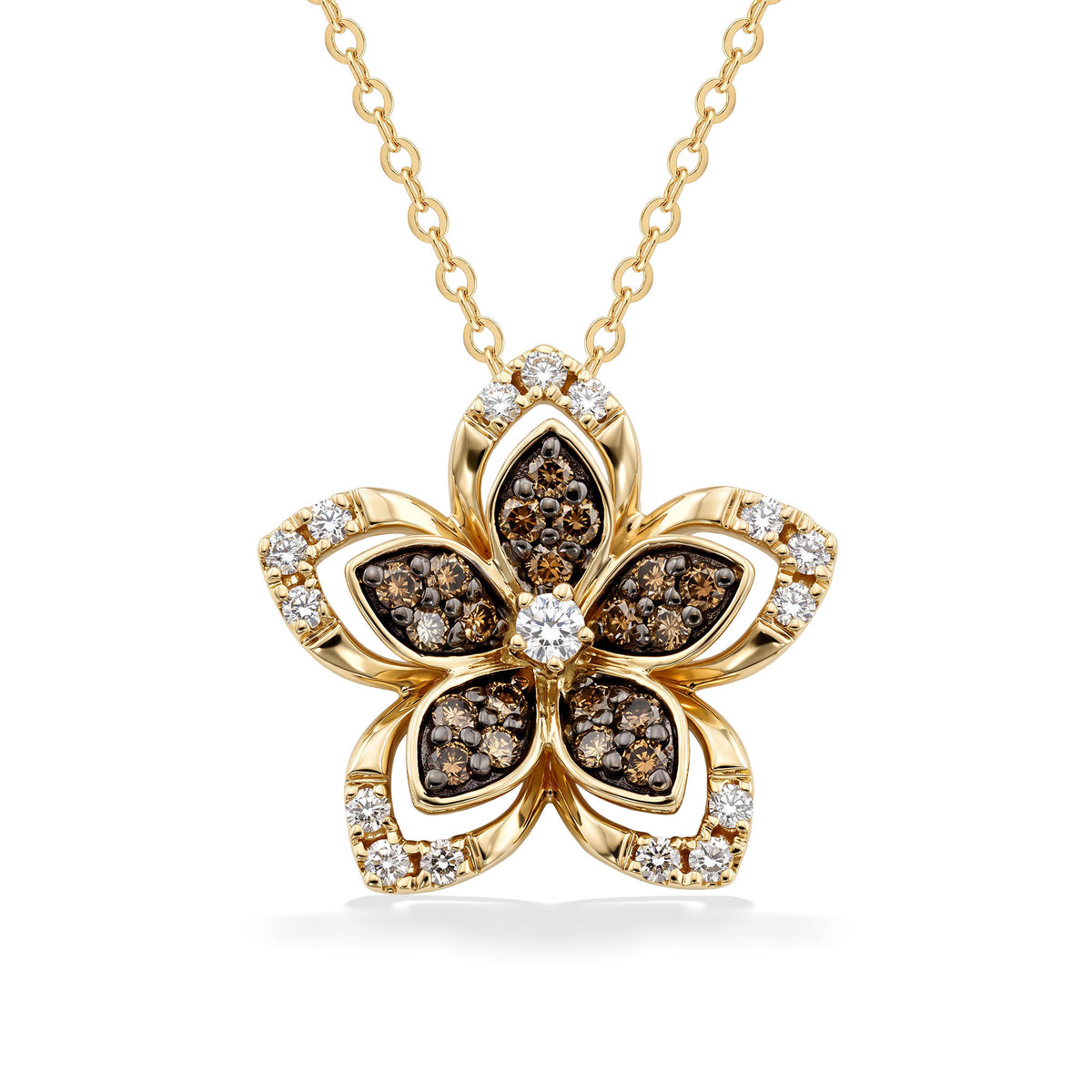 Flower shaped pendant with brown and beige diamonds set in yellow gold hanging from gold chain. Item No. 774611